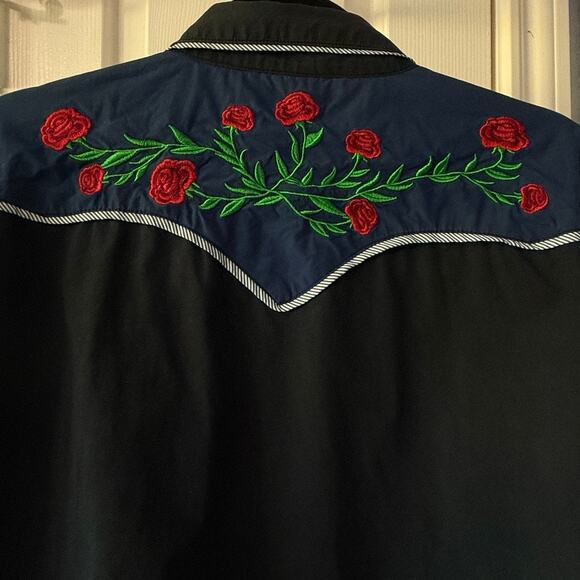 Coofandy Western Cowboy Shirt Black Blue Rose Embroidered Long Sleeve XX Large - Picture 6 of 16